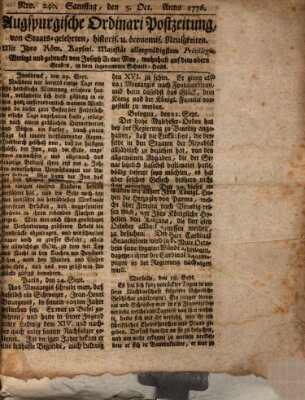 Augsburgische Ordinari Postzeitung von Staats-, gelehrten, historisch- u. ökonomischen Neuigkeiten (Augsburger Postzeitung) Samstag 5. Oktober 1776