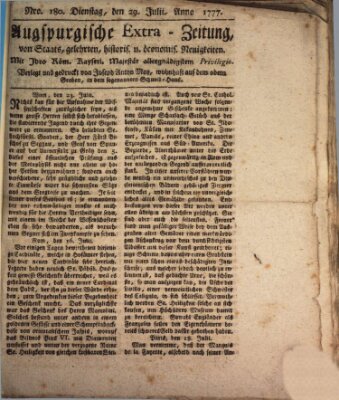 Augsburgische Ordinari Postzeitung von Staats-, gelehrten, historisch- u. ökonomischen Neuigkeiten (Augsburger Postzeitung) Dienstag 29. Juli 1777