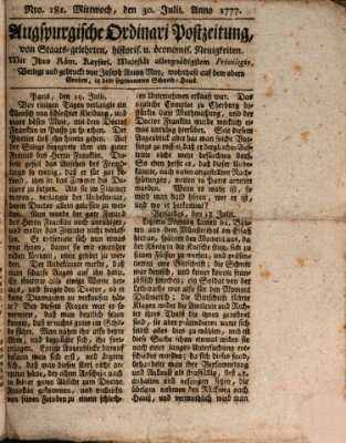 Augsburgische Ordinari Postzeitung von Staats-, gelehrten, historisch- u. ökonomischen Neuigkeiten (Augsburger Postzeitung) Mittwoch 30. Juli 1777