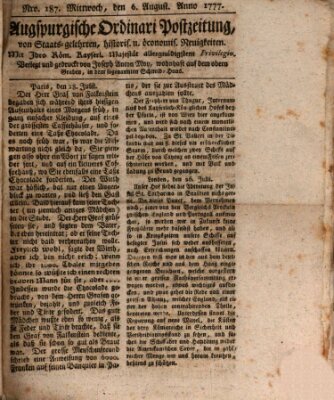 Augsburgische Ordinari Postzeitung von Staats-, gelehrten, historisch- u. ökonomischen Neuigkeiten (Augsburger Postzeitung) Mittwoch 6. August 1777