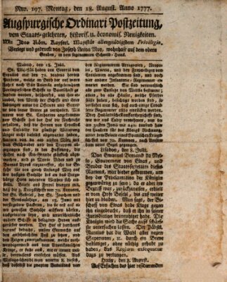 Augsburgische Ordinari Postzeitung von Staats-, gelehrten, historisch- u. ökonomischen Neuigkeiten (Augsburger Postzeitung) Montag 18. August 1777