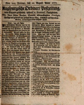 Augsburgische Ordinari Postzeitung von Staats-, gelehrten, historisch- u. ökonomischen Neuigkeiten (Augsburger Postzeitung) Freitag 22. August 1777