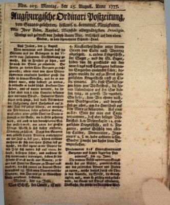 Augsburgische Ordinari Postzeitung von Staats-, gelehrten, historisch- u. ökonomischen Neuigkeiten (Augsburger Postzeitung) Montag 25. August 1777