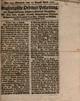 Augsburgische Ordinari Postzeitung von Staats-, gelehrten, historisch- u. ökonomischen Neuigkeiten (Augsburger Postzeitung) Mittwoch 27. August 1777