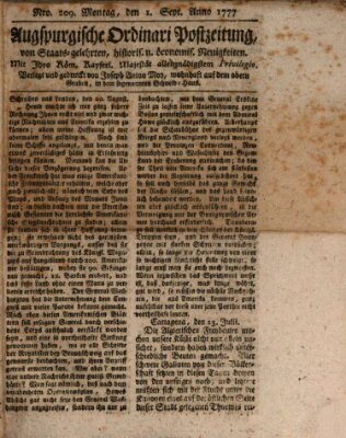 Augsburgische Ordinari Postzeitung von Staats-, gelehrten, historisch- u. ökonomischen Neuigkeiten (Augsburger Postzeitung) Montag 1. September 1777