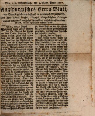 Augsburgische Ordinari Postzeitung von Staats-, gelehrten, historisch- u. ökonomischen Neuigkeiten (Augsburger Postzeitung) Donnerstag 4. September 1777