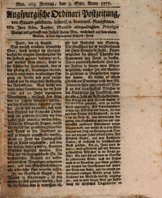 Augsburgische Ordinari Postzeitung von Staats-, gelehrten, historisch- u. ökonomischen Neuigkeiten (Augsburger Postzeitung) Freitag 5. September 1777