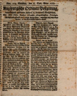 Augsburgische Ordinari Postzeitung von Staats-, gelehrten, historisch- u. ökonomischen Neuigkeiten (Augsburger Postzeitung) Samstag 6. September 1777