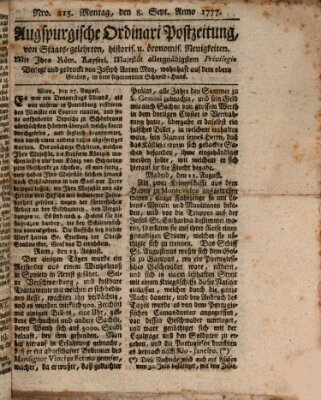 Augsburgische Ordinari Postzeitung von Staats-, gelehrten, historisch- u. ökonomischen Neuigkeiten (Augsburger Postzeitung) Montag 8. September 1777