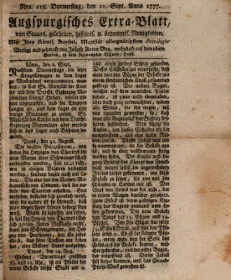 Augsburgische Ordinari Postzeitung von Staats-, gelehrten, historisch- u. ökonomischen Neuigkeiten (Augsburger Postzeitung) Donnerstag 11. September 1777