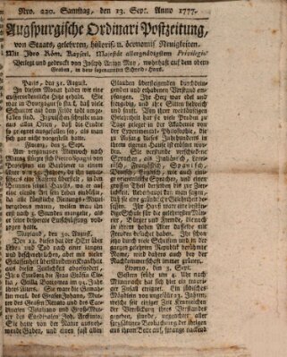 Augsburgische Ordinari Postzeitung von Staats-, gelehrten, historisch- u. ökonomischen Neuigkeiten (Augsburger Postzeitung) Samstag 13. September 1777