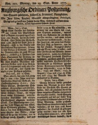 Augsburgische Ordinari Postzeitung von Staats-, gelehrten, historisch- u. ökonomischen Neuigkeiten (Augsburger Postzeitung) Montag 15. September 1777