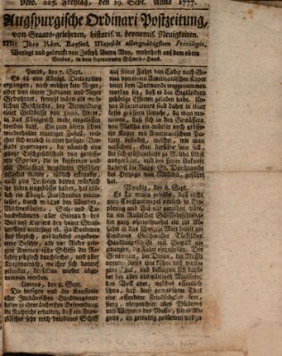 Augsburgische Ordinari Postzeitung von Staats-, gelehrten, historisch- u. ökonomischen Neuigkeiten (Augsburger Postzeitung) Freitag 19. September 1777