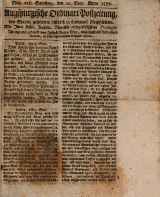 Augsburgische Ordinari Postzeitung von Staats-, gelehrten, historisch- u. ökonomischen Neuigkeiten (Augsburger Postzeitung) Samstag 20. September 1777