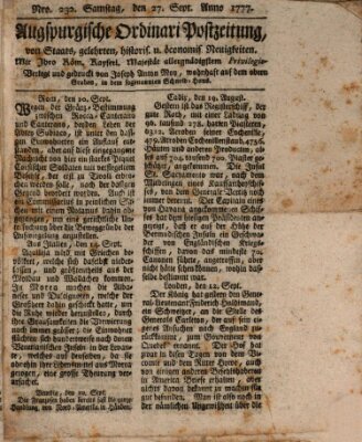 Augsburgische Ordinari Postzeitung von Staats-, gelehrten, historisch- u. ökonomischen Neuigkeiten (Augsburger Postzeitung) Samstag 27. September 1777