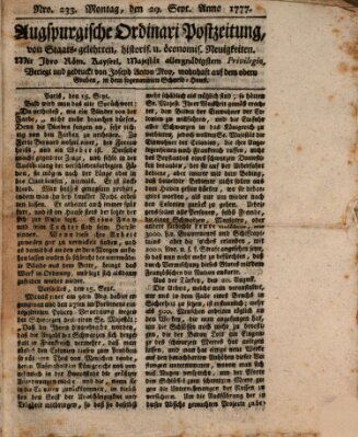 Augsburgische Ordinari Postzeitung von Staats-, gelehrten, historisch- u. ökonomischen Neuigkeiten (Augsburger Postzeitung) Montag 29. September 1777