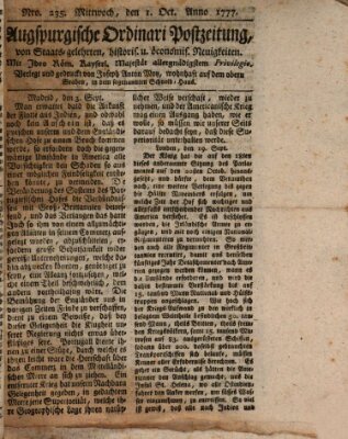 Augsburgische Ordinari Postzeitung von Staats-, gelehrten, historisch- u. ökonomischen Neuigkeiten (Augsburger Postzeitung) Mittwoch 1. Oktober 1777