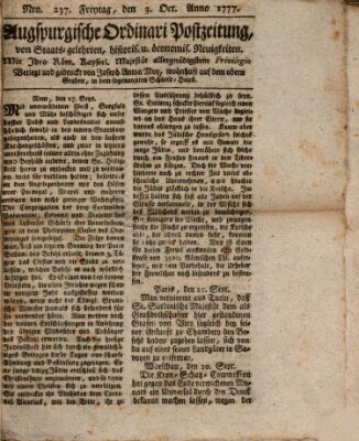 Augsburgische Ordinari Postzeitung von Staats-, gelehrten, historisch- u. ökonomischen Neuigkeiten (Augsburger Postzeitung) Freitag 3. Oktober 1777