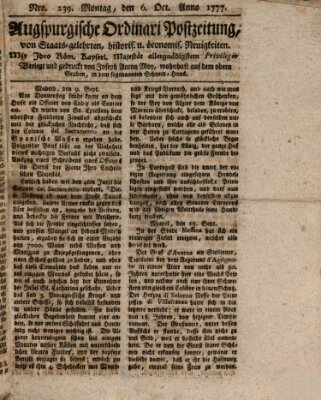 Augsburgische Ordinari Postzeitung von Staats-, gelehrten, historisch- u. ökonomischen Neuigkeiten (Augsburger Postzeitung) Montag 6. Oktober 1777