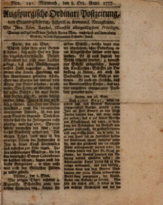 Augsburgische Ordinari Postzeitung von Staats-, gelehrten, historisch- u. ökonomischen Neuigkeiten (Augsburger Postzeitung) Mittwoch 8. Oktober 1777