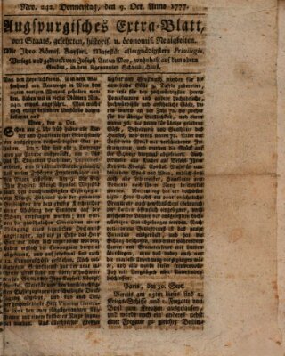 Augsburgische Ordinari Postzeitung von Staats-, gelehrten, historisch- u. ökonomischen Neuigkeiten (Augsburger Postzeitung) Donnerstag 9. Oktober 1777