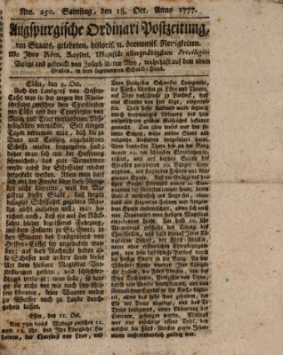 Augsburgische Ordinari Postzeitung von Staats-, gelehrten, historisch- u. ökonomischen Neuigkeiten (Augsburger Postzeitung) Samstag 18. Oktober 1777