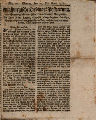 Augsburgische Ordinari Postzeitung von Staats-, gelehrten, historisch- u. ökonomischen Neuigkeiten (Augsburger Postzeitung) Montag 20. Oktober 1777