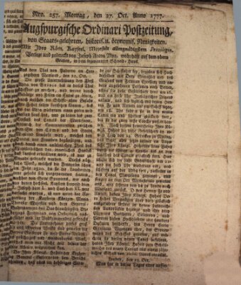 Augsburgische Ordinari Postzeitung von Staats-, gelehrten, historisch- u. ökonomischen Neuigkeiten (Augsburger Postzeitung) Montag 27. Oktober 1777