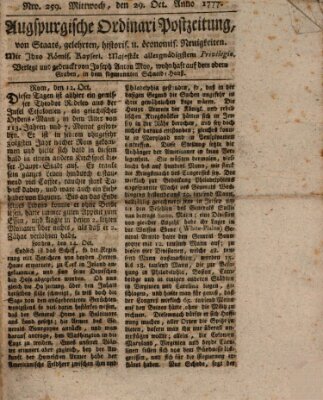 Augsburgische Ordinari Postzeitung von Staats-, gelehrten, historisch- u. ökonomischen Neuigkeiten (Augsburger Postzeitung) Mittwoch 29. Oktober 1777