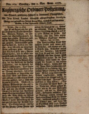 Augsburgische Ordinari Postzeitung von Staats-, gelehrten, historisch- u. ökonomischen Neuigkeiten (Augsburger Postzeitung) Samstag 1. November 1777