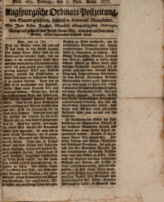 Augsburgische Ordinari Postzeitung von Staats-, gelehrten, historisch- u. ökonomischen Neuigkeiten (Augsburger Postzeitung) Freitag 7. November 1777