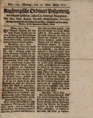 Augsburgische Ordinari Postzeitung von Staats-, gelehrten, historisch- u. ökonomischen Neuigkeiten (Augsburger Postzeitung) Montag 10. November 1777