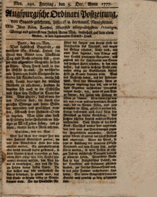 Augsburgische Ordinari Postzeitung von Staats-, gelehrten, historisch- u. ökonomischen Neuigkeiten (Augsburger Postzeitung) Freitag 5. Dezember 1777