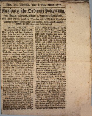 Augsburgische Ordinari Postzeitung von Staats-, gelehrten, historisch- u. ökonomischen Neuigkeiten (Augsburger Postzeitung) Montag 8. Dezember 1777