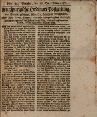 Augsburgische Ordinari Postzeitung von Staats-, gelehrten, historisch- u. ökonomischen Neuigkeiten (Augsburger Postzeitung) Samstag 20. Dezember 1777