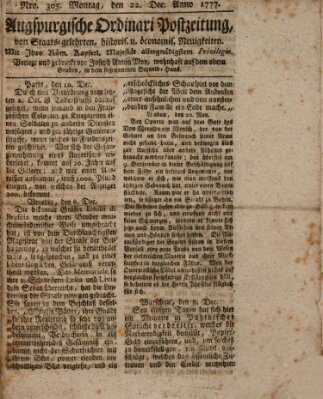 Augsburgische Ordinari Postzeitung von Staats-, gelehrten, historisch- u. ökonomischen Neuigkeiten (Augsburger Postzeitung) Montag 22. Dezember 1777