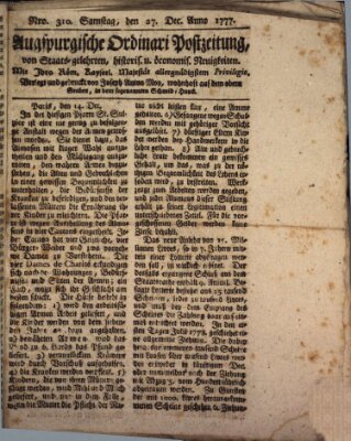 Augsburgische Ordinari Postzeitung von Staats-, gelehrten, historisch- u. ökonomischen Neuigkeiten (Augsburger Postzeitung) Samstag 27. Dezember 1777