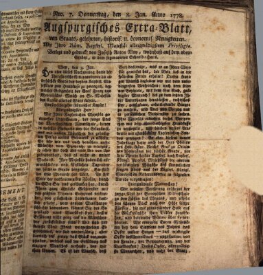 Augsburgische Ordinari Postzeitung von Staats-, gelehrten, historisch- u. ökonomischen Neuigkeiten (Augsburger Postzeitung) Donnerstag 8. Januar 1778