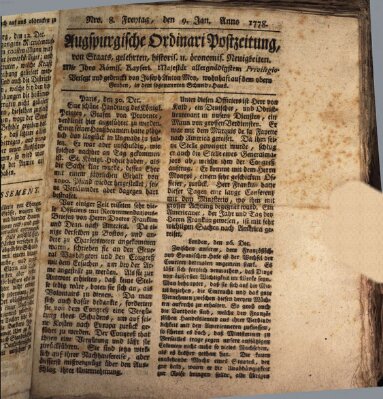 Augsburgische Ordinari Postzeitung von Staats-, gelehrten, historisch- u. ökonomischen Neuigkeiten (Augsburger Postzeitung) Freitag 9. Januar 1778