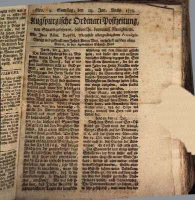 Augsburgische Ordinari Postzeitung von Staats-, gelehrten, historisch- u. ökonomischen Neuigkeiten (Augsburger Postzeitung) Samstag 10. Januar 1778