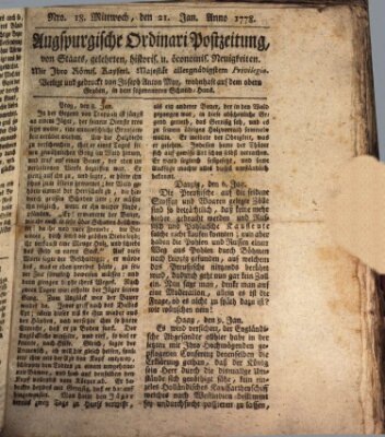 Augsburgische Ordinari Postzeitung von Staats-, gelehrten, historisch- u. ökonomischen Neuigkeiten (Augsburger Postzeitung) Mittwoch 21. Januar 1778