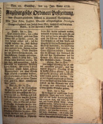 Augsburgische Ordinari Postzeitung von Staats-, gelehrten, historisch- u. ökonomischen Neuigkeiten (Augsburger Postzeitung) Samstag 24. Januar 1778