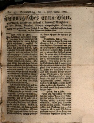 Augsburgische Ordinari Postzeitung von Staats-, gelehrten, historisch- u. ökonomischen Neuigkeiten (Augsburger Postzeitung) Donnerstag 12. Februar 1778