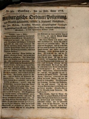 Augsburgische Ordinari Postzeitung von Staats-, gelehrten, historisch- u. ökonomischen Neuigkeiten (Augsburger Postzeitung) Samstag 14. Februar 1778