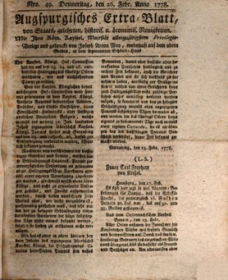 Augsburgische Ordinari Postzeitung von Staats-, gelehrten, historisch- u. ökonomischen Neuigkeiten (Augsburger Postzeitung) Donnerstag 26. Februar 1778