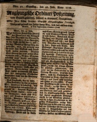 Augsburgische Ordinari Postzeitung von Staats-, gelehrten, historisch- u. ökonomischen Neuigkeiten (Augsburger Postzeitung) Samstag 28. Februar 1778