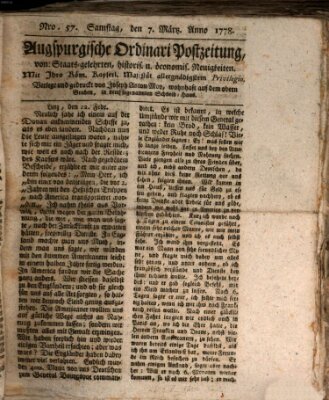 Augsburgische Ordinari Postzeitung von Staats-, gelehrten, historisch- u. ökonomischen Neuigkeiten (Augsburger Postzeitung) Samstag 7. März 1778