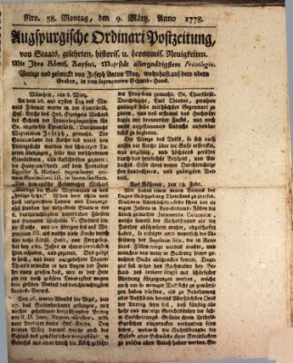 Augsburgische Ordinari Postzeitung von Staats-, gelehrten, historisch- u. ökonomischen Neuigkeiten (Augsburger Postzeitung) Montag 9. März 1778