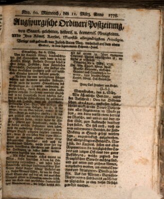 Augsburgische Ordinari Postzeitung von Staats-, gelehrten, historisch- u. ökonomischen Neuigkeiten (Augsburger Postzeitung) Mittwoch 11. März 1778