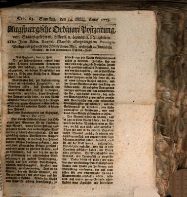 Augsburgische Ordinari Postzeitung von Staats-, gelehrten, historisch- u. ökonomischen Neuigkeiten (Augsburger Postzeitung) Samstag 14. März 1778